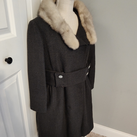 🌹Vintage 70's Unbranded Real Fur Herringbone Tweed Wool Button Front Overcoat M - Picture 5 of 16